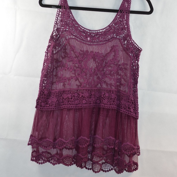 Wine/Burgandy embroidered Lace Top SZ L - Picture 3 of 10